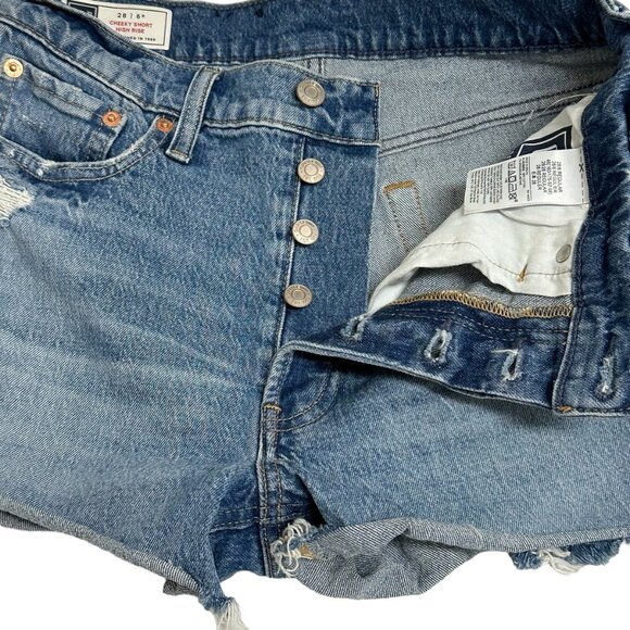 Gap High Rise Cheeky Distressed Shorts, Medium Wash Blue, Size 28 - Picture 4 of 8